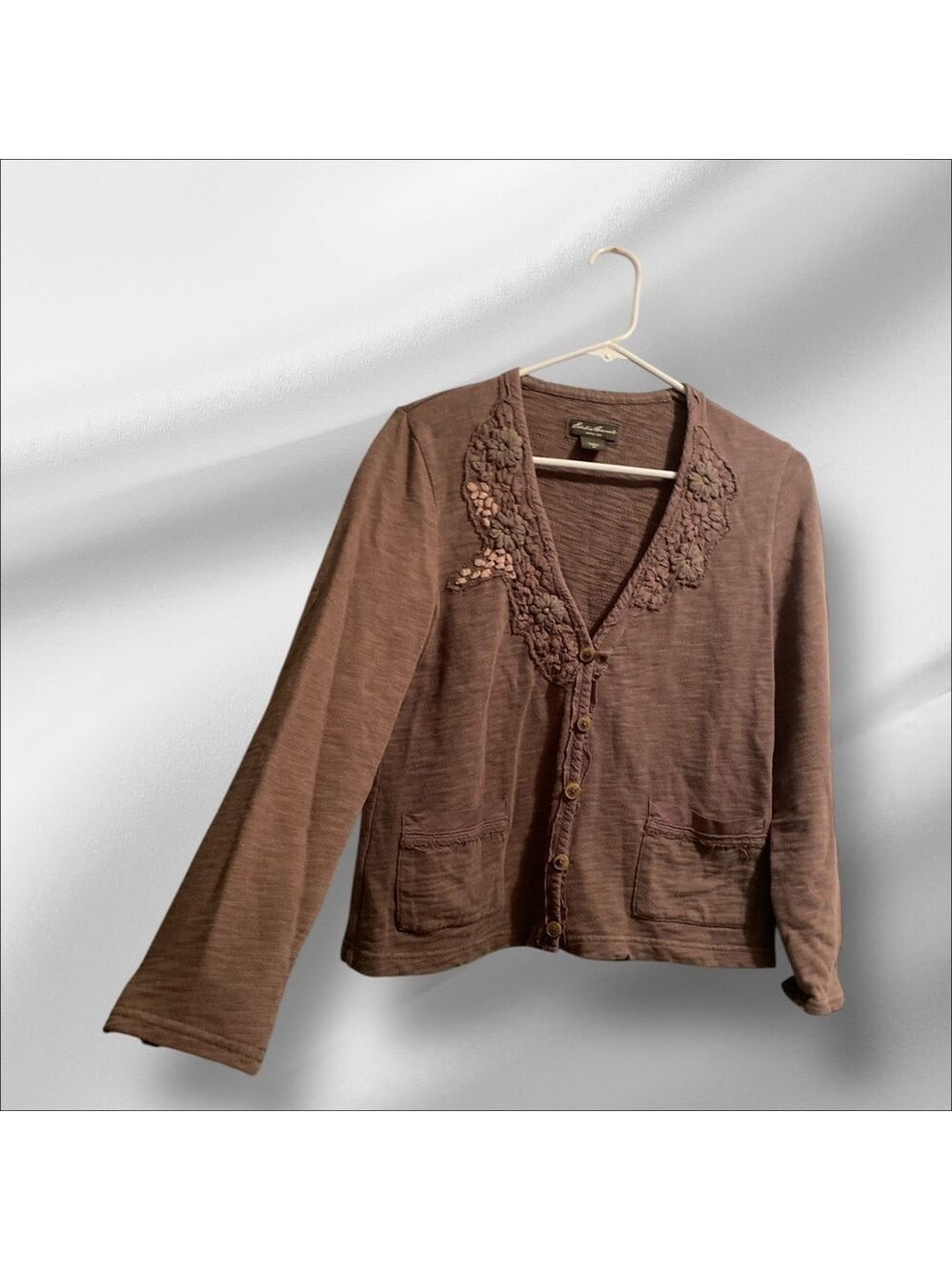 Eddie Bauer Distressed Shirt Jacket Women’s Petite Small Taupe Brown Pockets